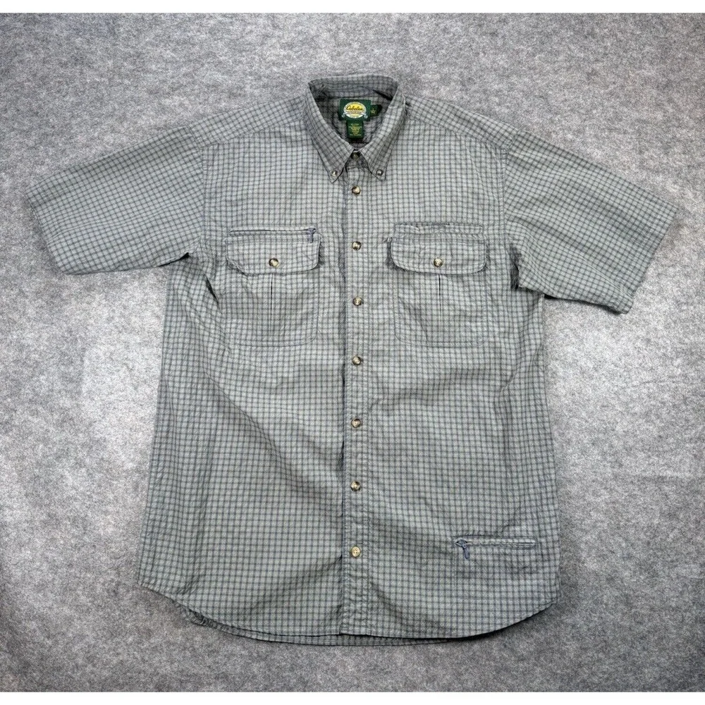 Cabela's Shirt Men Large Tall Blue‎ Gray Button Ripstop Outdoor Zipper Pockets